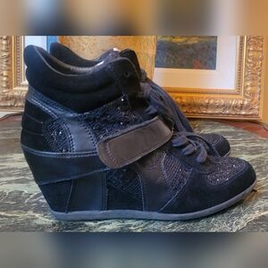 Ash Wedge Sneaker Black Sequin Suede Leather Strap  2.5" Wedge Heel Sz 40 US 9